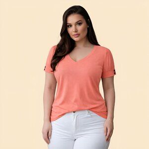 Women's Tops Short Sleeve Shirt, V Neck, Dressy Casual, CORAL, Size Medium